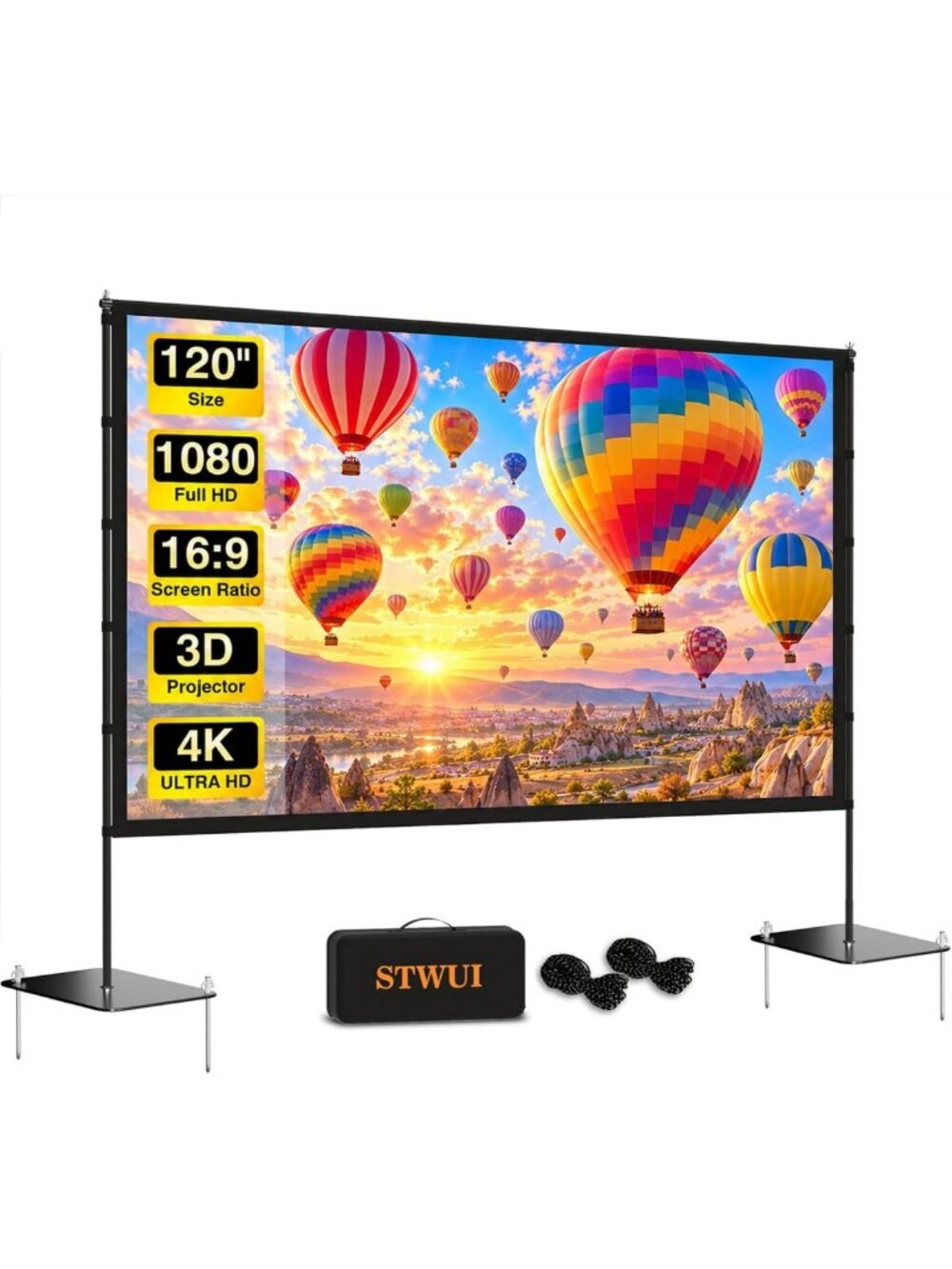 120" 16:9 Portable Outdoor Projector Screen with Stand & Stake-Down Base, HD
